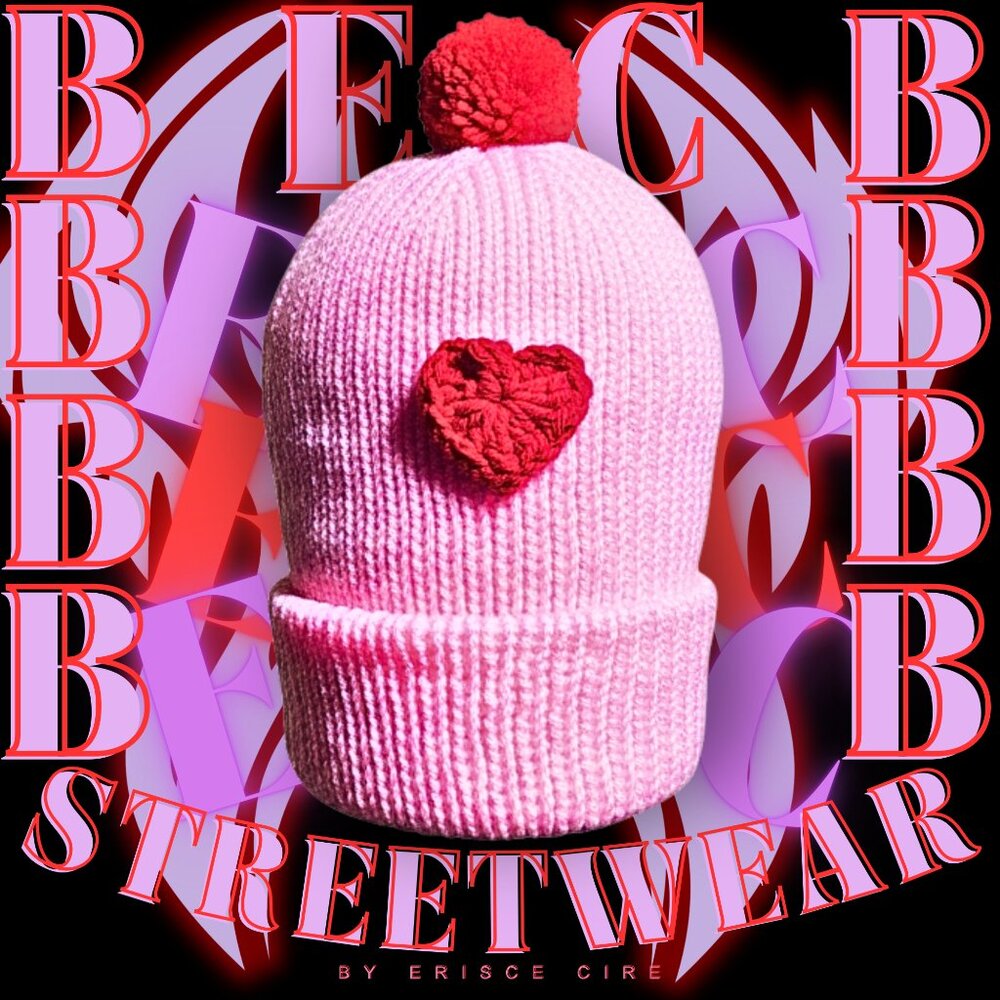 Pink w/ Red Heart Pom  | Hand-knit Beanie by BECB Streetwear